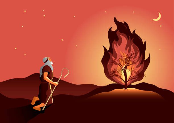 An illustration of Moses and the burning bush. Biblical series